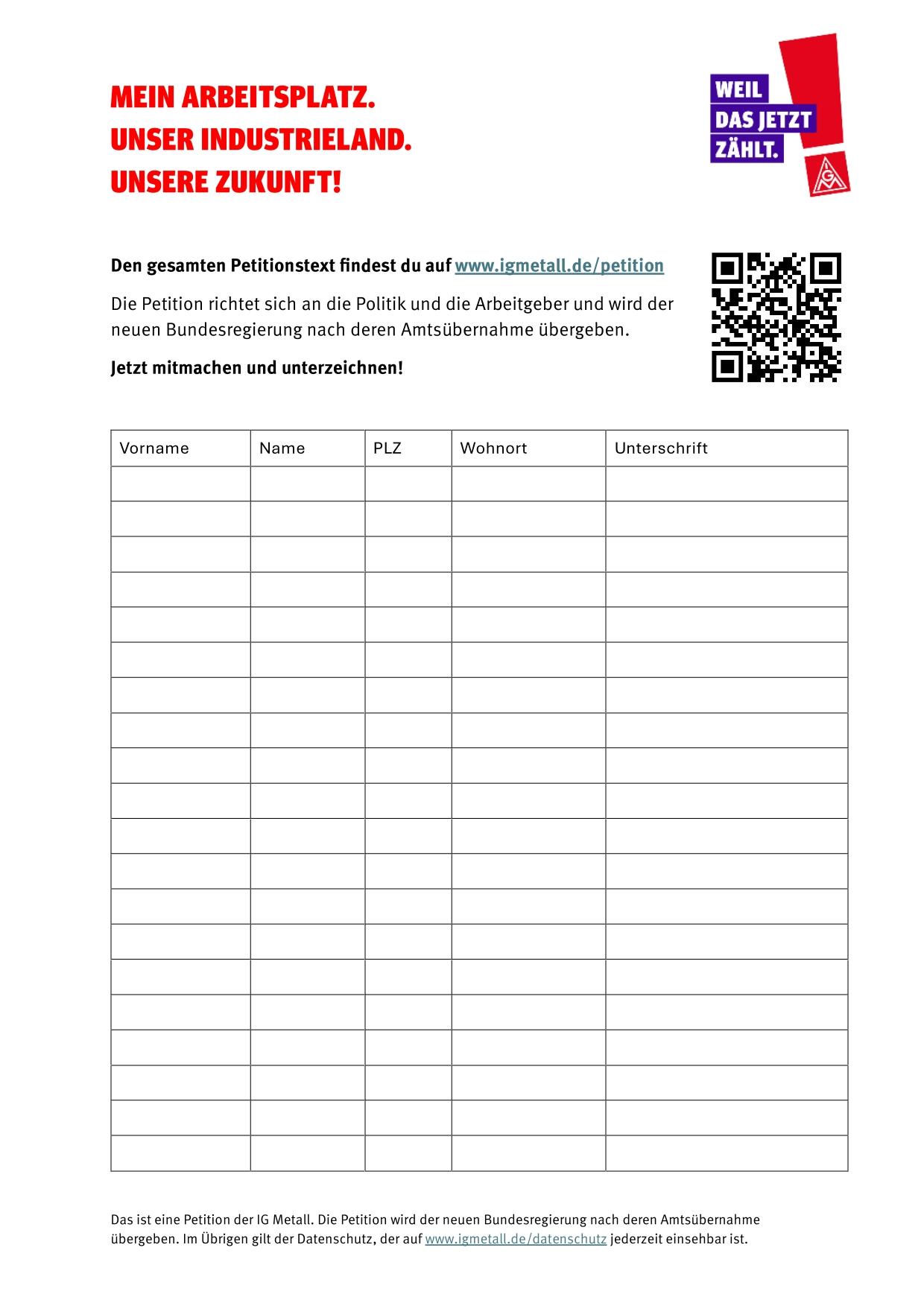 Petition Unterschriftenliste