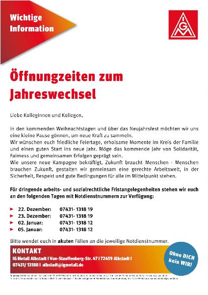 Öffnungzeiten zum Jahreswechsel